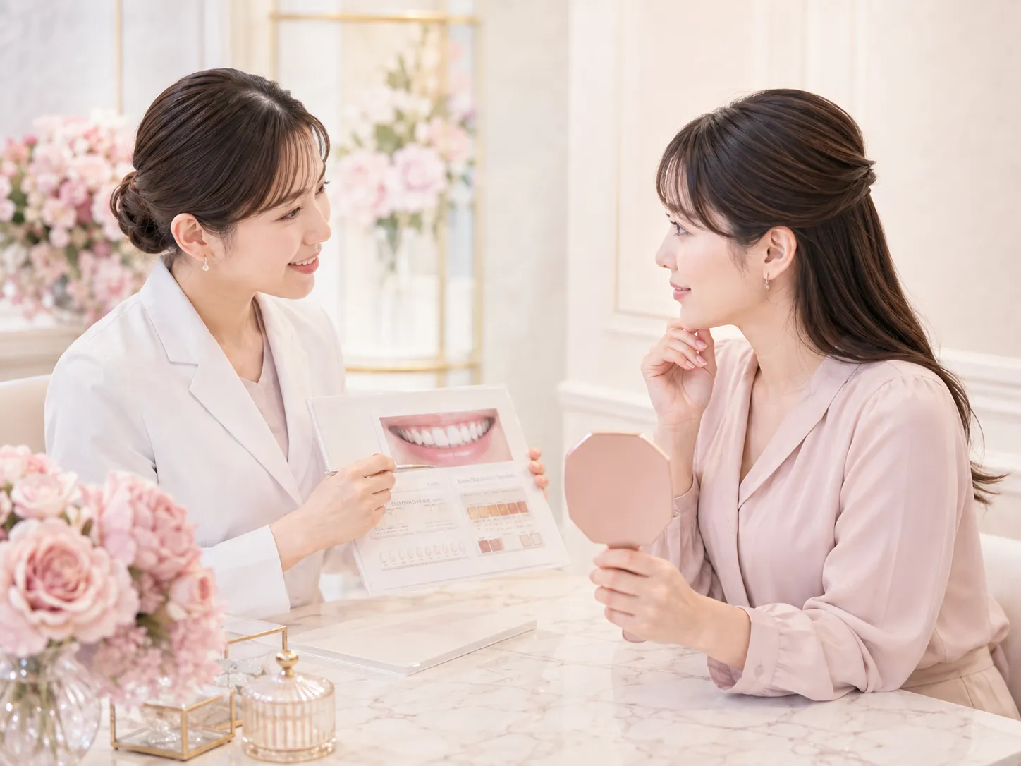 ホワイトニングについてカウンセリングを受ける女性
